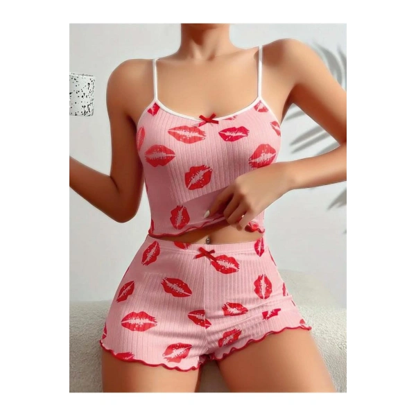 Pamuklu Kiss Öpücük Desen Pembe Şortlu Pijama Takımı - SSSSSS2796-6258