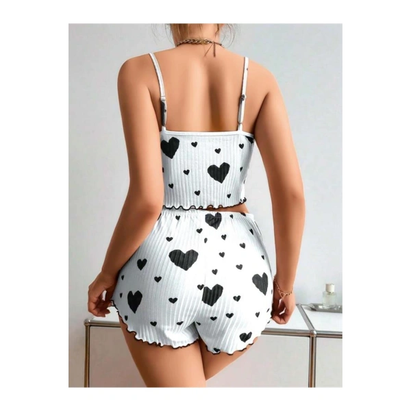 Pamuklu Beyaz Üstüne Siyah Kalp Desen Fitilli Askılı Şortlu Pijama Takımı - SSSSSS9828-6360