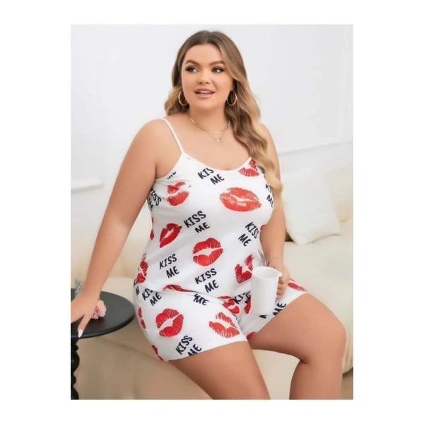Büyük Beden Kiss Me Öpücük Desen Pamuklu Şortlu Pijama Takımı - SSSSSS9470-8843