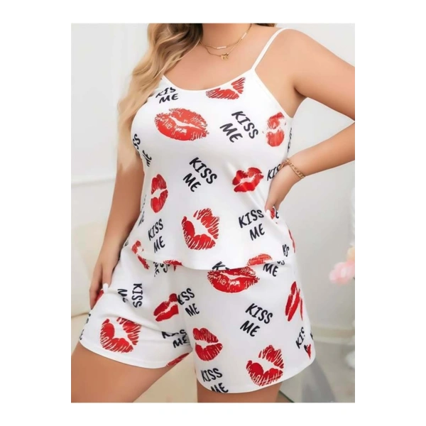 Büyük Beden Kiss Me Öpücük Desen Pamuklu Şortlu Pijama Takımı - SSSSSS9470-8843