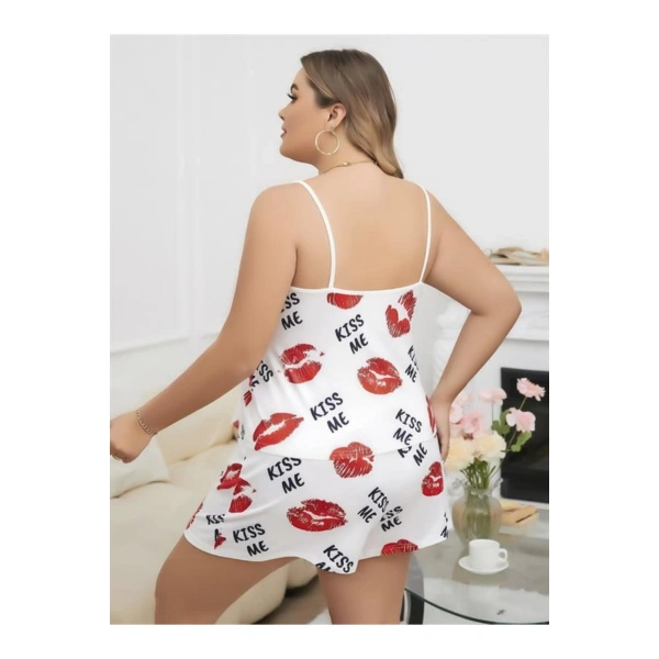 Büyük Beden Kiss Me Öpücük Desen Pamuklu Şortlu Pijama Takımı - SSSSSS9470-8843