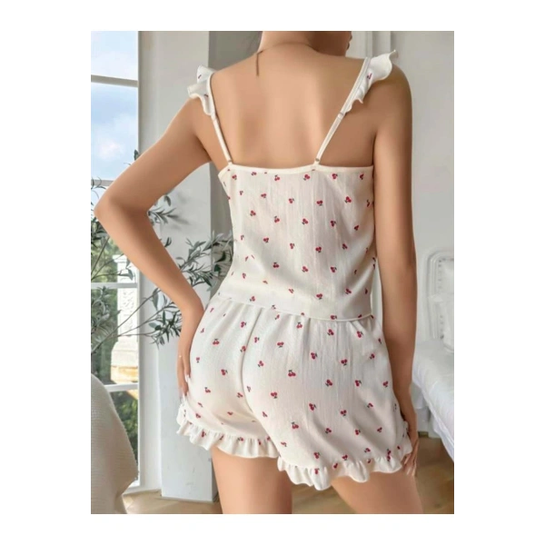 Pamuklu Beyaz Üstüne Kiraz Desen Fırfır Askılı Şortlu Pijama Takımı - SSSSSS3847-3166