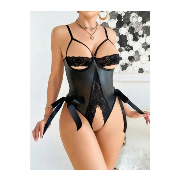 Siyah Dantel İşlemeli Özel Bölgesi Açık Fantezi Deri Body - SSSSSS7072-4973