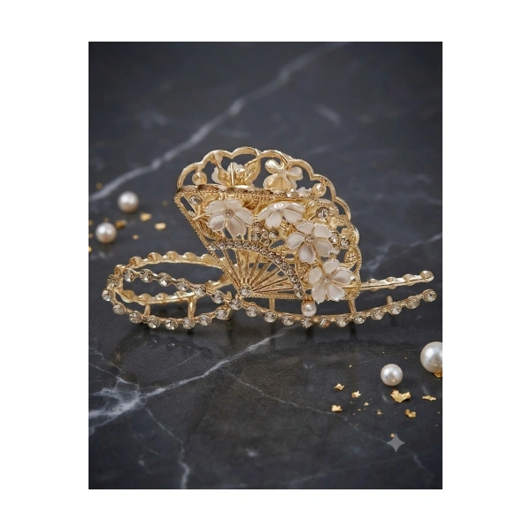 Çiçekli zirkon taşlı gold metal mandal toka