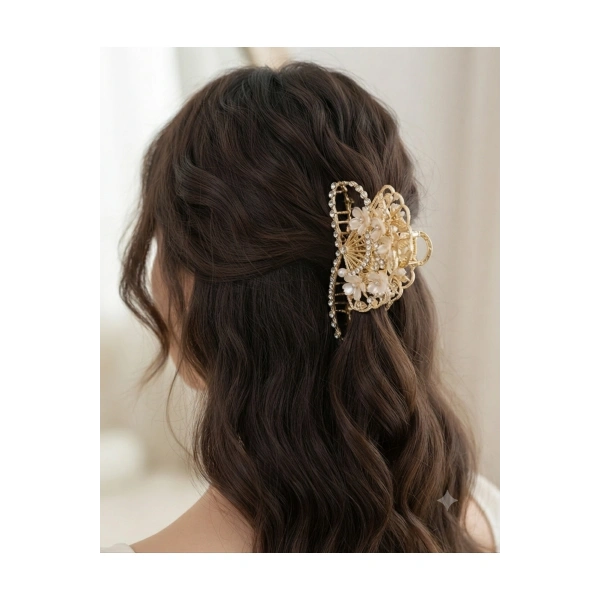 Çiçekli zirkon taşlı gold metal mandal toka
