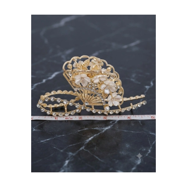 Çiçekli zirkon taşlı gold metal mandal toka