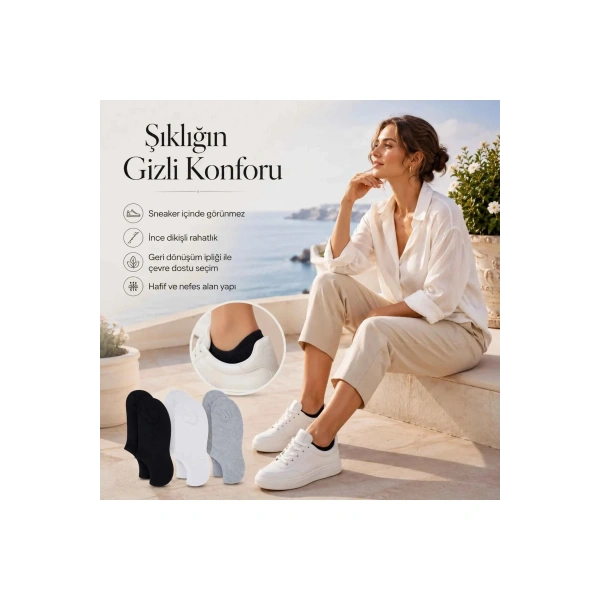 Kadın Görünmez Sneaker Babet Çorap 6lı | Geri Dönüşüm İplikli, Nefes Alan, Siyah Beyaz Gri