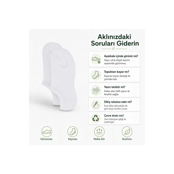 Kadın Görünmez Sneaker Babet Çorap 6lı | Geri Dönüşüm İplikli, Nefes Alan, Siyah Beyaz Gri