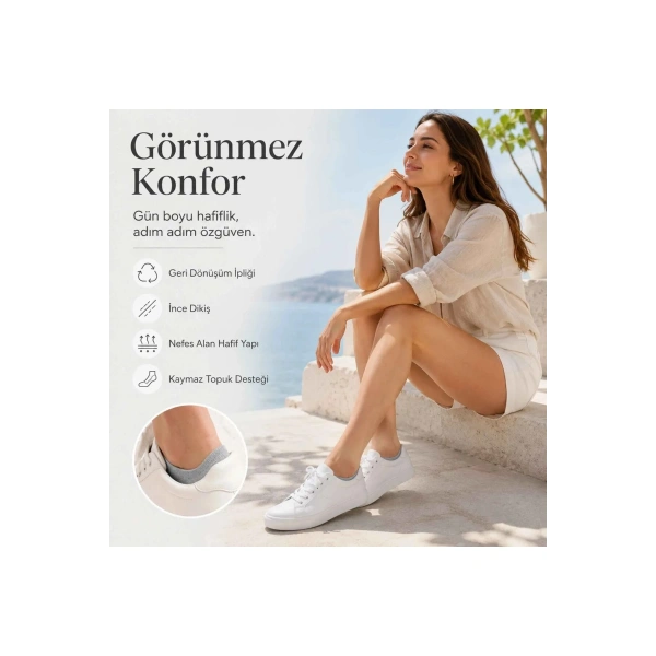 Kadın Görünmez Sneaker Babet Çorap 6lı | Geri Dönüşüm İplikli, Nefes Alan, Siyah Beyaz Gri
