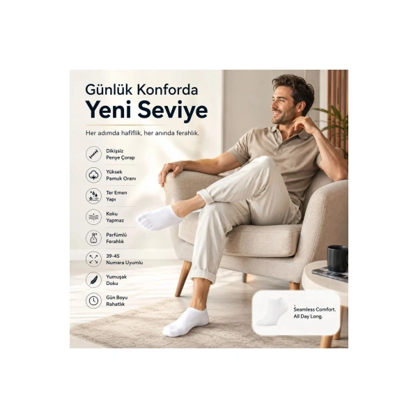 Erkek Patik Çorap 6’lı Siyah Beyaz Lacivert 39-44 Yüksek Pamuklu Dikişsiz Koku Karşıtı
