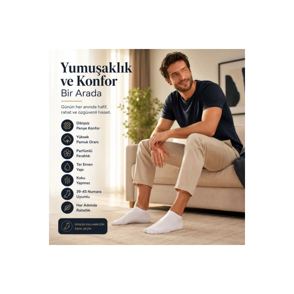Erkek Patik Çorap 6’lı Siyah Beyaz Lacivert 39-44 Yüksek Pamuklu Dikişsiz Koku Karşıtı