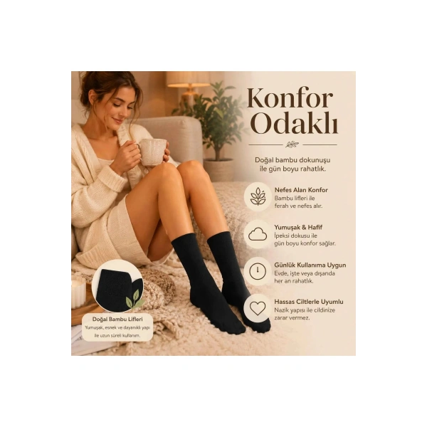 Kadın Bambu Uzun Çorap 6’lı Paket, Dikişsiz Burunlu Yumuşak Dokulu Siyah Beyaz Gri