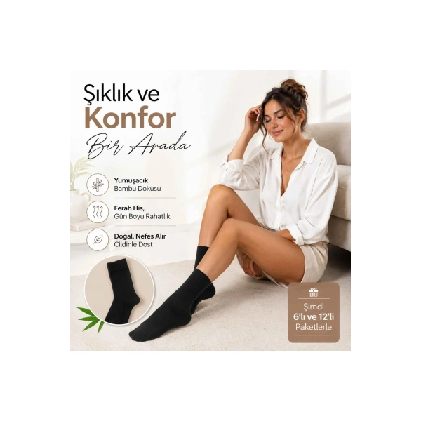 Kadın Bambu Uzun Çorap 6’lı Paket, Dikişsiz Burunlu Yumuşak Dokulu Siyah Beyaz Gri