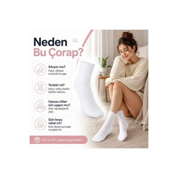 Kadın Bambu Uzun Çorap 6’lı Paket, Dikişsiz Burunlu Yumuşak Dokulu Siyah Beyaz Gri