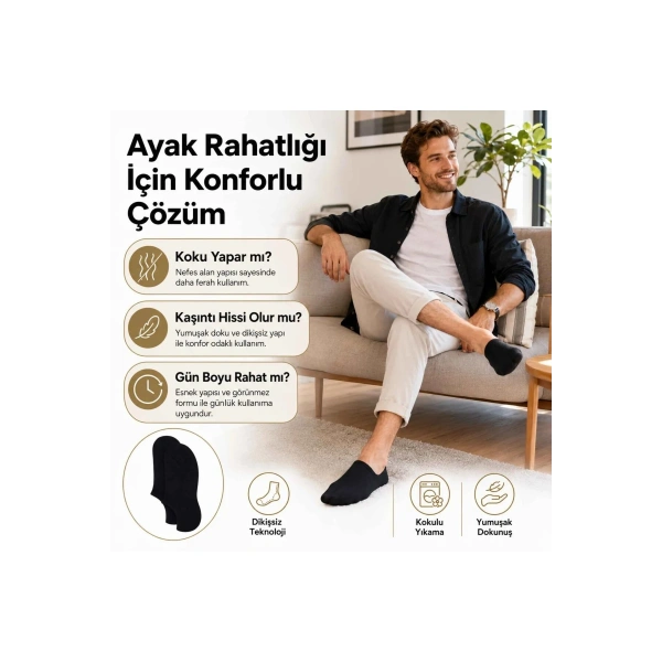 Erkek Bambu 6’lı Dikişsiz Babet Çorap Siyah Beyaz Gri Görünmez Sneaker Çorap Nefes Alan Yumuşak