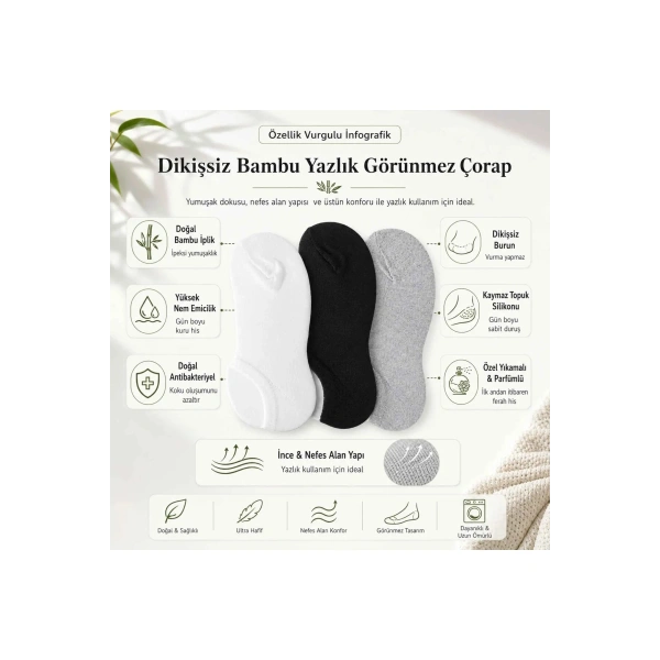 Erkek Bambu 6’lı Dikişsiz Babet Çorap Siyah Beyaz Gri Görünmez Sneaker Çorap Nefes Alan Yumuşak