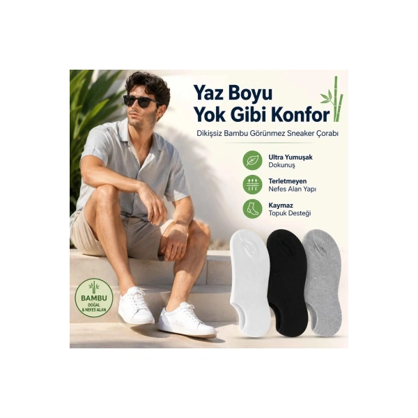 Erkek Bambu 6’lı Dikişsiz Babet Çorap Siyah Beyaz Gri Görünmez Sneaker Çorap Nefes Alan Yumuşak