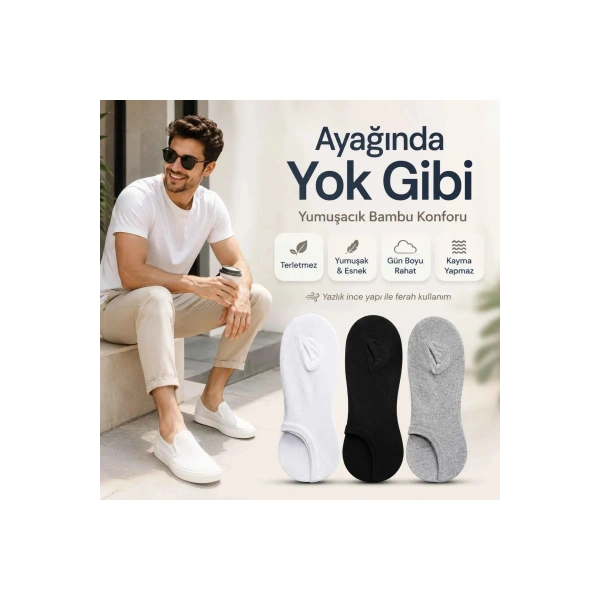 Erkek Bambu 6’lı Dikişsiz Babet Çorap Siyah Beyaz Gri Görünmez Sneaker Çorap Nefes Alan Yumuşak