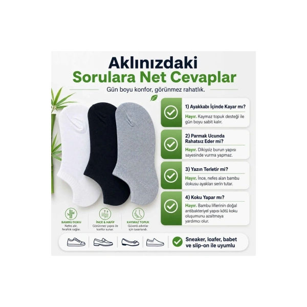 Erkek Bambu 6’lı Dikişsiz Babet Çorap Siyah Beyaz Gri Görünmez Sneaker Çorap Nefes Alan Yumuşak