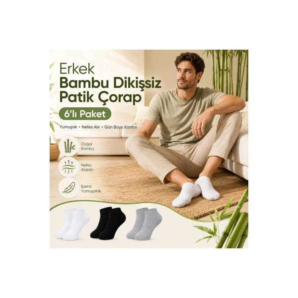 Erkek Bambu Patik Çorap 6lı | Nefes Alan Nem Emici Yumuşak, Siyah Beyaz Gri Günlük Spor