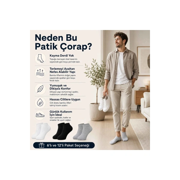 Erkek Bambu Patik Çorap 6lı | Nefes Alan Nem Emici Yumuşak, Siyah Beyaz Gri Günlük Spor