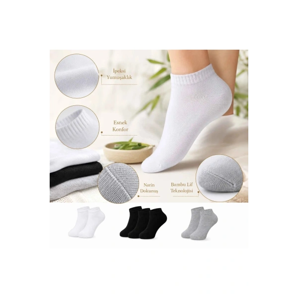 Kadın Bambu Patik Çorap 12li | Nefes Alan Nem Emici Yumuşak, Siyah Beyaz Gri
