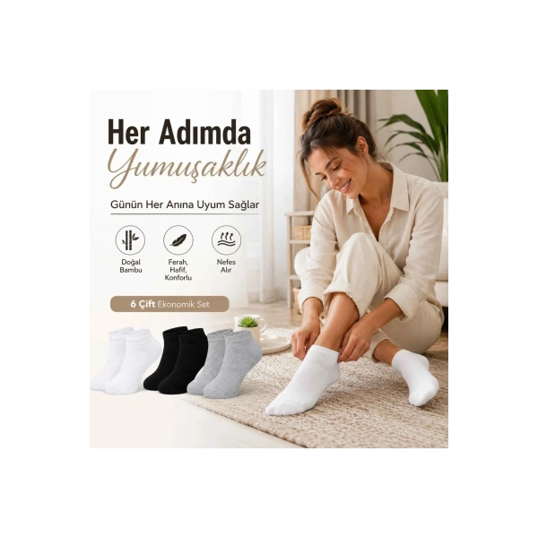 Kadın Bambu Patik Çorap 12li | Nefes Alan Nem Emici Yumuşak, Siyah Beyaz Gri