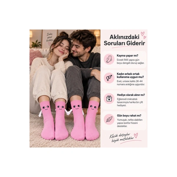 Mıknatıslı El Ele Unisex Tutuşan Sevimli Çorap 36-44 | Çift Hediyesi, Pamuklu Renkli Crew Model