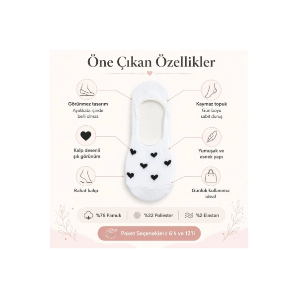 Kadın Kalp Desenli Görünmez Babet Çorap 12li | Pamuklu Kaymaz Topuk, Siyah Beyaz Karışık