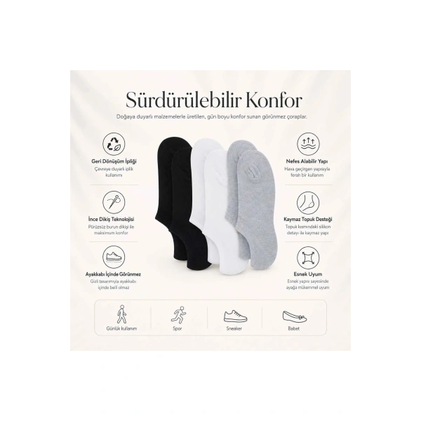 Kadın Görünmez Sneaker Babet Çorap 12li | Geri Dönüşüm İplikli, Nefes Alan, Siyah Beyaz Gri