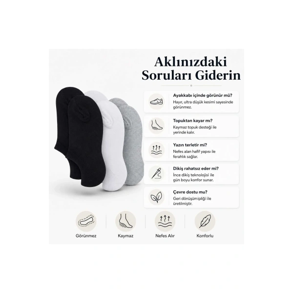 Kadın Görünmez Sneaker Babet Çorap 12li | Geri Dönüşüm İplikli, Nefes Alan, Siyah Beyaz Gri