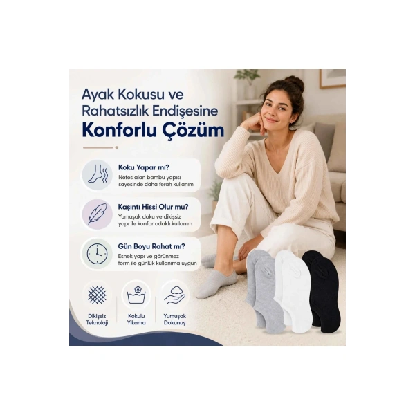 Kadın Bambu 12’li Dikişsiz Babet Çorap Siyah Beyaz Gri Görünmez Sneaker Çorap Nefes Alan Yumuşak