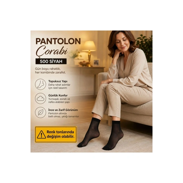 Kadın Pantolon Çorabı 12 Çift Siyah ve Ten İnce Topuksuz Günlük Rahat Bilek Çorabı