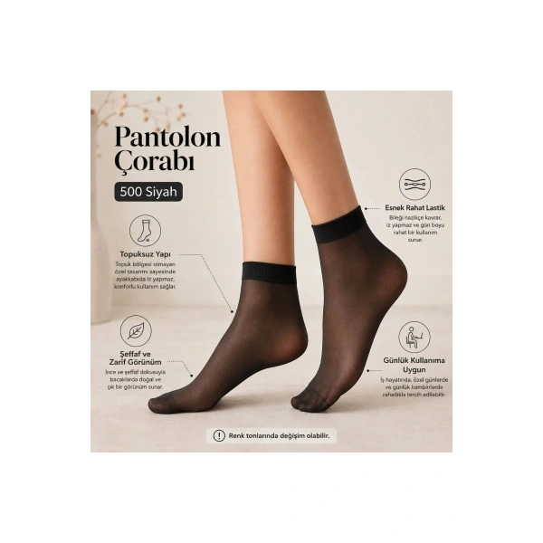 Kadın Pantolon Çorabı 12 Çift Siyah ve Ten İnce Topuksuz Günlük Rahat Bilek Çorabı