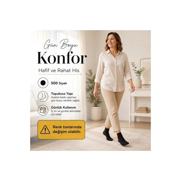 Kadın Pantolon Çorabı 12 Çift Siyah ve Ten İnce Topuksuz Günlük Rahat Bilek Çorabı