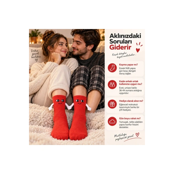 Mıknatıslı El Ele 2li Unisex Tutuşan Sevimli Çorap 36-44 | Çift Hediyesi, Pamuklu Renkli Crew Model