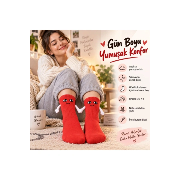 Mıknatıslı El Ele 2li Unisex Tutuşan Sevimli Çorap 36-44 | Çift Hediyesi, Pamuklu Renkli Crew Model