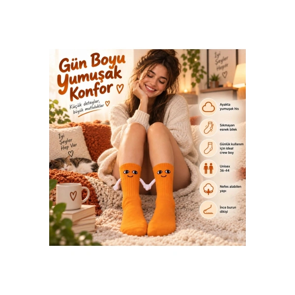 Mıknatıslı El Ele 2li Unisex Tutuşan Sevimli Çorap 36-44 | Çift Hediyesi, Pamuklu Renkli Crew Model