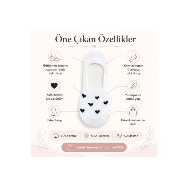 Kadın Kalp Desenli Görünmez Babet Çorap 6lı | Pamuklu Kaymaz Topuk, Siyah Beyaz Karışık