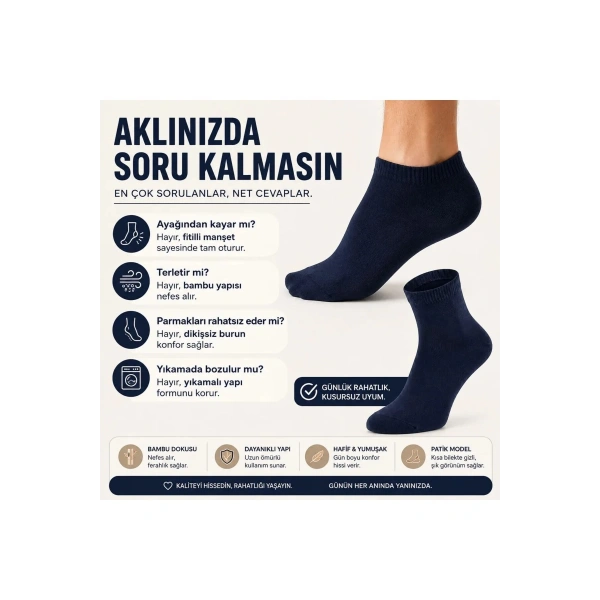 Erkek Kısa Konç 6’lı Bambu Çorap 39-44 Dikişsiz Burun Nefes Alan Yumuşak Günlük Patik Çorap
