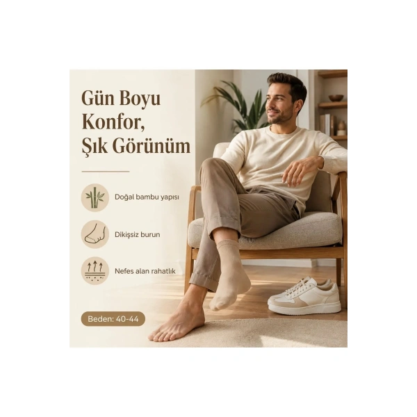 Erkek Kısa Konç 6’lı Bambu Çorap 39-44 Dikişsiz Burun Nefes Alan Yumuşak Günlük Patik Çorap