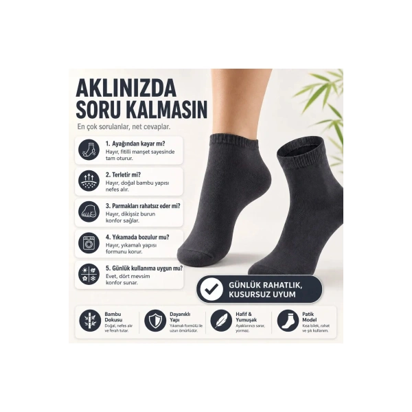 Erkek Kısa Konç 6’lı Bambu Çorap 39-44 Dikişsiz Burun Nefes Alan Yumuşak Günlük Patik Çorap