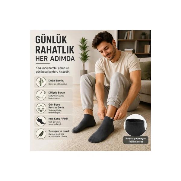 Erkek Kısa Konç 6’lı Bambu Çorap 39-44 Dikişsiz Burun Nefes Alan Yumuşak Günlük Patik Çorap