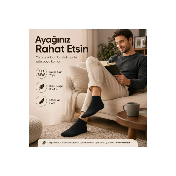 Erkek Kısa Konç 6’lı Bambu Çorap 39-44 Dikişsiz Burun Nefes Alan Yumuşak Günlük Patik Çorap