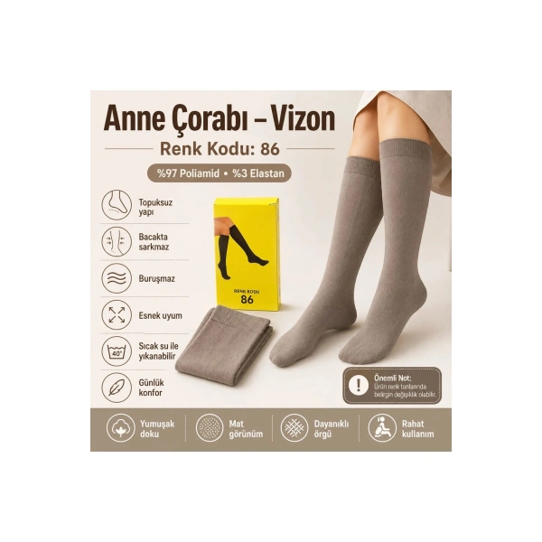 Kadın 40 Denye İnce Anne Çorabı 6lı | Dizaltı Topuksuz Esnek, Ten Siyah Bronz Vizon