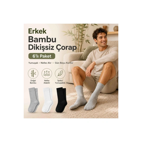 Erkek Bambu Soket Çorap 6’lı Paket, Dikişsiz Parfümlü Nefes Alan Yumuşak Nem Emici Günlük Uzun Çorap