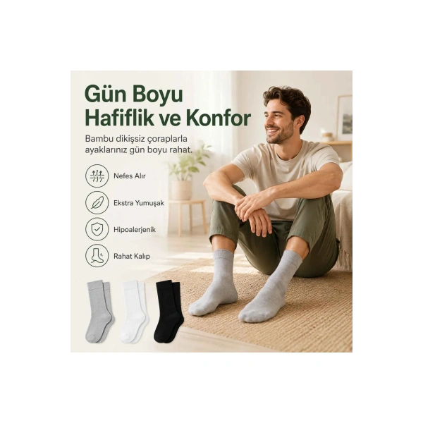 Erkek Bambu Soket Çorap 6’lı Paket, Dikişsiz Parfümlü Nefes Alan Yumuşak Nem Emici Günlük Uzun Çorap