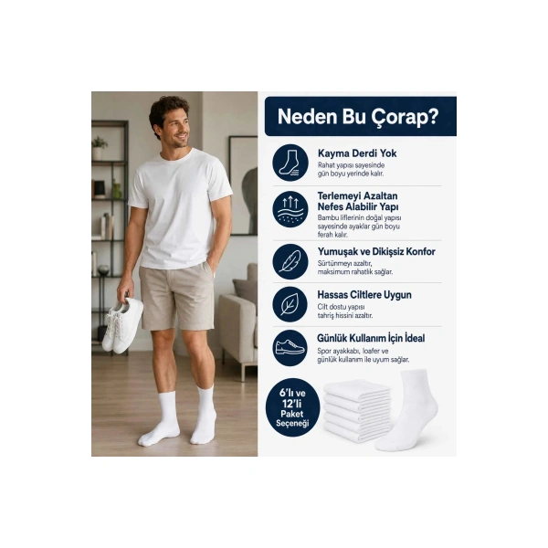 Erkek Bambu Soket Çorap 6’lı Paket, Dikişsiz Parfümlü Nefes Alan Yumuşak Nem Emici Günlük Uzun Çorap