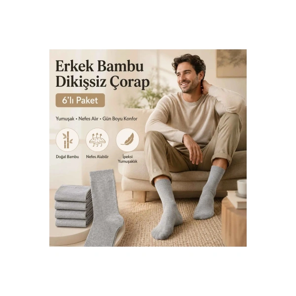 Erkek Bambu Soket Çorap 6’lı Paket, Dikişsiz Parfümlü Nefes Alan Yumuşak Nem Emici Günlük Uzun Çorap