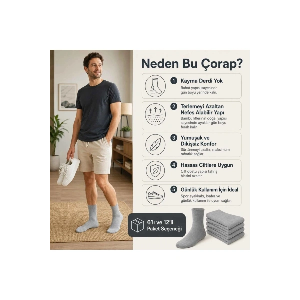 Erkek Bambu Soket Çorap 6’lı Paket, Dikişsiz Parfümlü Nefes Alan Yumuşak Nem Emici Günlük Uzun Çorap